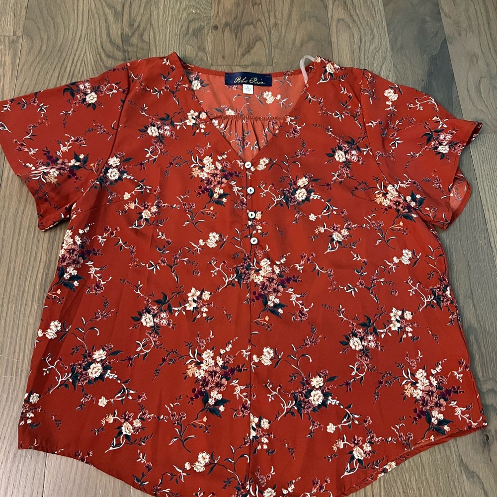 Blue Rain Red floral short sleeve Blouse sz L